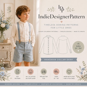 May include: A sewing pattern for a mandarin collar shirt, featuring a child wearing a light-coloured long-sleeve shirt and light blue shorts with braces. The image includes technical line drawings of the shirt, text labels, and icons for PDF, A4, US Letter, and projector files, with size ranges from 2Y to 16Y.