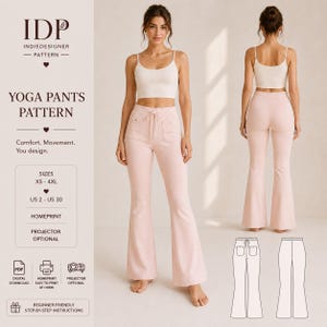 Op de afbeelding: Een digitaal naaipatroon voor een yogabroek met het label IDP Indiedesigner Pattern. Het ontwerp toont een lichtroze uitlopende broek met een taille met trekkoord en voorzakken, getoond in voor- en achteraanzicht naast een technische lijntekening.