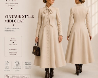Vintage Midi Coat Sewing Pattern PDF, Old Money Coat Pattern, Bow Tie Collar Coat Dress, Fit and Flare Coat, Women XS-4XL