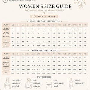 Pu&ograve; includere: Una tabella guida alle taglie color beige intitolata IndieDesignerPattern Women's Size Guide. Include due tabelle per le misure corporee in centimetri e pollici, che vanno dalle taglie USA 2 alla 30, oltre a diagrammi che illustrano come misurare busto, vita, fianchi e altezza.