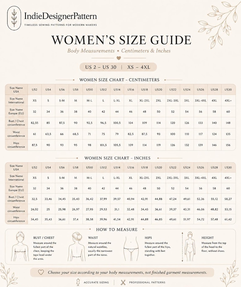 Pu&ograve; includere: Una tabella guida alle taglie color beige intitolata IndieDesignerPattern Women's Size Guide. Include due tabelle per le misure corporee in centimetri e pollici, che vanno dalle taglie USA 2 alla 30, oltre a diagrammi che illustrano come misurare busto, vita, fianchi e altezza.