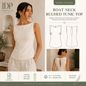 Può includere: Cartamodello per un top tunica senza maniche con scollo a barchetta. Il design presenta dettagli arricciati sul busto e un'apertura a goccia sul retro. Il download digitale include taglie US 2-30, XS-4XL per formati A4, US Letter e proiettore A0.