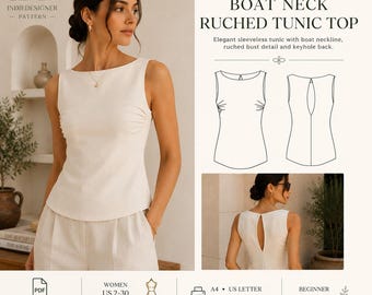 Cartamodello PDF per tunica arricciata con scollo a barca / Cartamodello per top in lino senza maniche / Camicetta stile vintage / Top con scollo a goccia sulla schiena / Taglie da donna XS-4XL