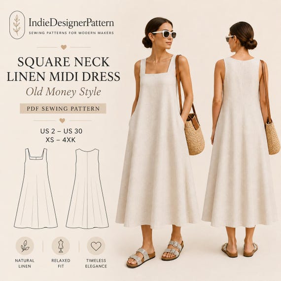 Linen Square Neck Dress Sewing Pattern PDF, Relaxed Midi Dress Pattern, Old Money Linen Dress, Summer Maxi Dress, A4 A0