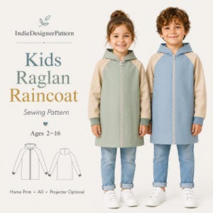 Puede incluir: Un patrón de costura para impermeable raglán para niños, edades 2-16, con el texto IndieDesignerPattern, Kids Raglan Raincoat, Sewing Pattern, Ages 2-16, Home Print, A0, Projector Optional, y dibujos lineales del abrigo.