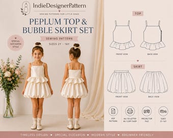 Girls Peplum Top and Mini Bubble Skirt Sewing Pattern PDF, Kids Bubble Hem Skirt Pattern, Zara Inspired Skirt, Sizes 2Y-16Y