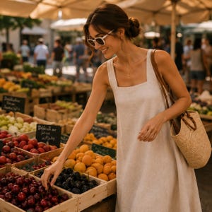 Pu&ograve; includere: Un abito midi bianco senza maniche con scollo quadrato, abbinato a una borsa tote in paglia intrecciata con manici in pelle marrone. L'abito ha una silhouette semplice e pulita ed &egrave; indossato con occhiali da sole con montatura bianca.