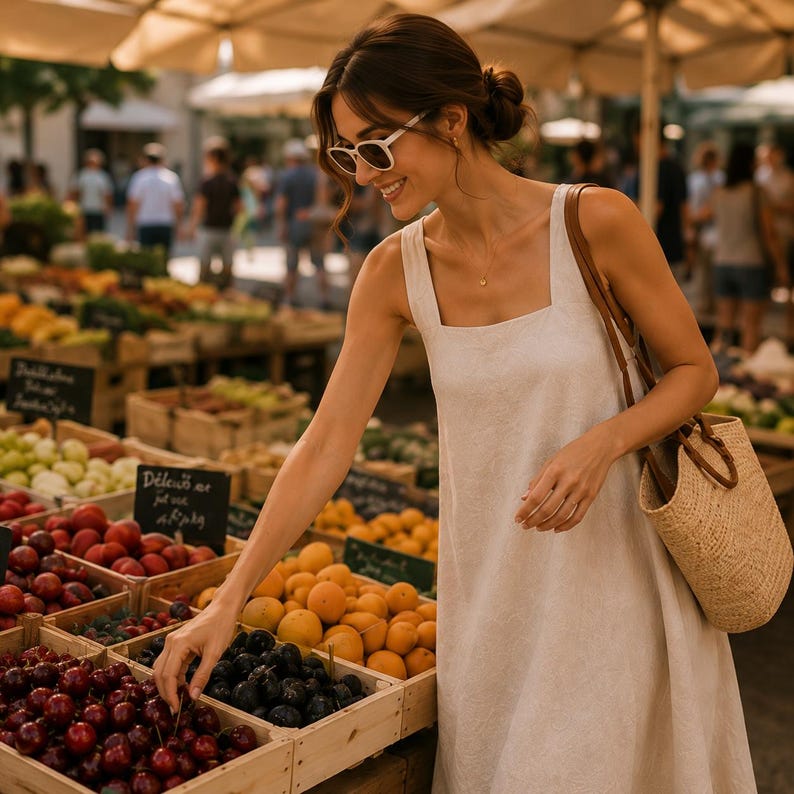 Pu&ograve; includere: Un abito midi bianco senza maniche con scollo quadrato, abbinato a una borsa tote in paglia intrecciata con manici in pelle marrone. L'abito ha una silhouette semplice e pulita ed &egrave; indossato con occhiali da sole con montatura bianca.