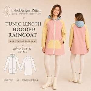 May include: A tunic length hooded raincoat PDF sewing pattern featuring a pink body, yellow sleeves and pockets, and a light blue hood. The design includes a front zipper, raglan sleeves, and a hood. Text includes TUNIC LENGTH HOODED RAINCOAT.