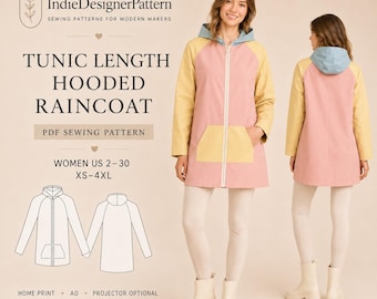 Cartamodello PDF per impermeabile con cappuccio, modello di giacca antipioggia a tunica, giacca con maniche raglan, impermeabile a blocchi di colore, taglie da donna XS-4XL