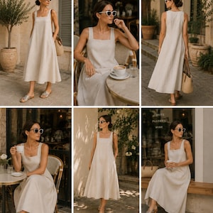 Pu&ograve; includere: Un abito midi senza maniche in tinta unita beige chiaro. L'abito presenta uno scollo quadrato, spalline larghe e una silhouette rilassata e fluida che cade sotto le ginocchia. Il tessuto ha una trama visibile e leggermente strutturata.