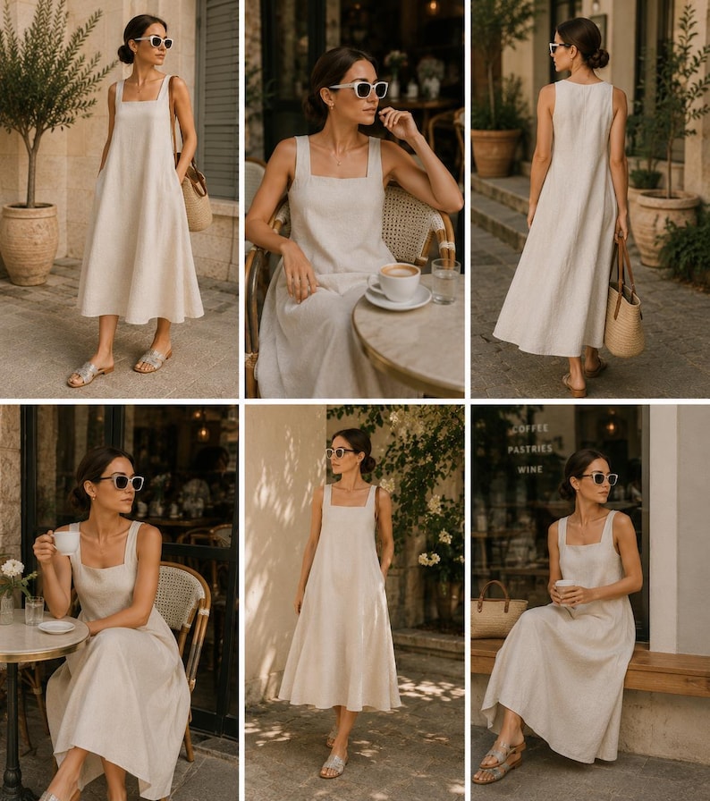 Pu&ograve; includere: Un abito midi senza maniche in tinta unita beige chiaro. L'abito presenta uno scollo quadrato, spalline larghe e una silhouette rilassata e fluida che cade sotto le ginocchia. Il tessuto ha una trama visibile e leggermente strutturata.