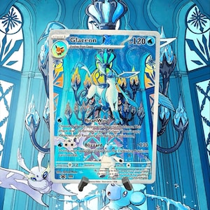 May include: A Glaceon trading card with 120 HP, featuring a blue and white character illustration, the Polar Wind and Blizzard attacks, and text detailing game mechanics, set against a matching blue and white illustrated background.