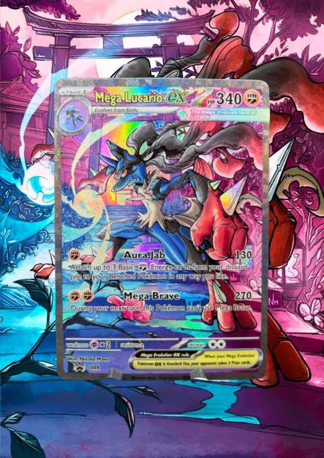 Mega Lucario Custom Pokemon Card UV Print Glossy Varnish Rainbow