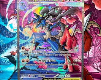 Mega Lucario Custom Pokemon Card UV Print Glossy Varnish Rainbow