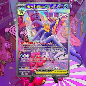 Mega Starmie Custom Pokemon Card UV Print Glossy Varnish Rainbow Holographic Fan Art – One Piece, SpongeBob & Futurama Inspired by Nicola Mo