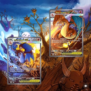 Puede incluir: Dos cartas coleccionables Pokémon Mega Charizard EX. Una carta presenta un Charizard naranja ardiente con alas azules, la otra un Charizard azul y blanco. Ambas cartas tienen el número 360 y el texto "Inferno".