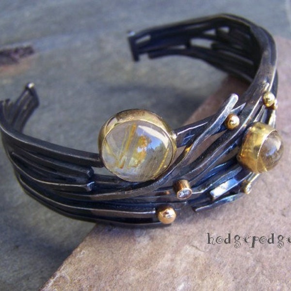 GOLDEN THREADS - Natural Diamonds, Rutilated Quartz, Sterling Silver and 18 Karat Gold Cuff Bracelet