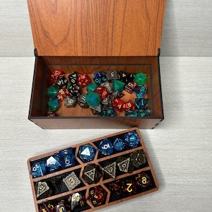DND Dice Vault Chest: False Bottom Storage Box, Rolling Tray, Three Set Holder, Personalized