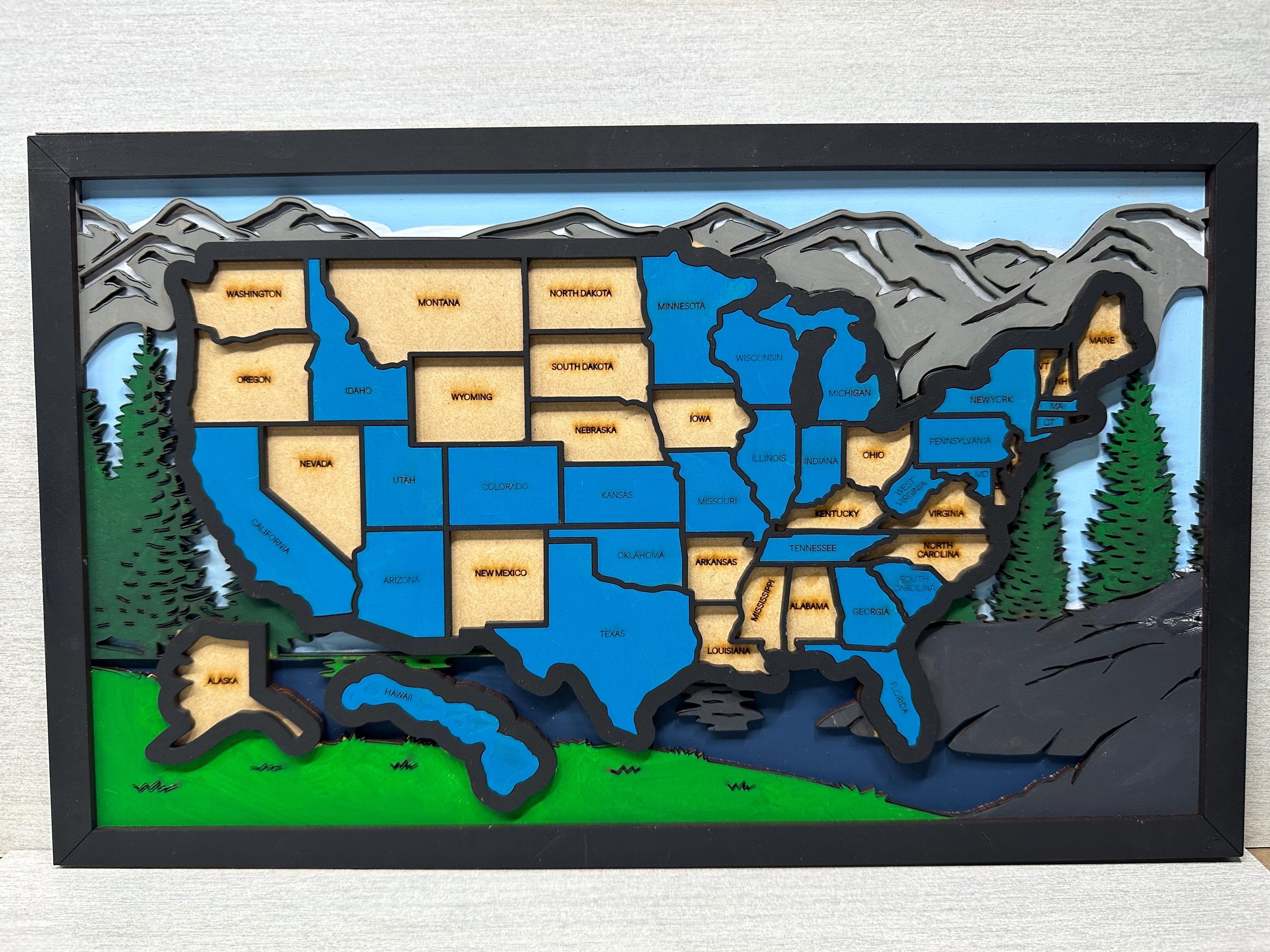 DIY USA Wooden State Travel Map Adventure Tracker Wall Decor: Small 7.5H x 12W