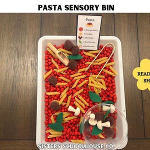 Puede incluir: Un recipiente sensorial de pasta con cuentas rojas, pasta penne, alb&oacute;ndigas de fieltro, champi&ntilde;ones y hojas de albahaca. Incluye una peque&ntilde;a cuchara de madera y un recipiente transparente con ingredientes de pasta. El recipiente tiene un letrero que dice "Pasta".