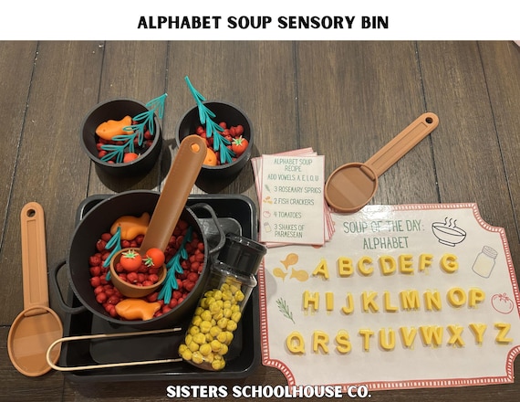 Interactive Alphabet Soup Bin Kit: Montessori Play with Recipe Cards