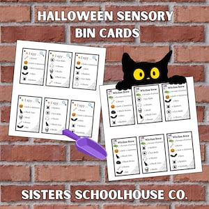 May include: Halloween-themed sensory bin cards with the text "Halloween Sensory Bin Cards." The cards feature illustrations of Halloween-related items like bats, spiders, and jack-o'-lanterns. A purple scoop is included.