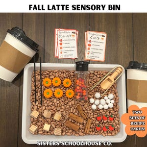 Contenedor sensorial de recetas de café con leche de otoño: Juego Montessori, tarjetas de acción