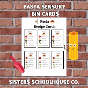 May include: A sensory bin card set with pasta recipe cards. The cards feature illustrations of pasta ingredients. A cartoon pasta shape is on the right. The text "PASTA SENSORY BIN CARDS" and "Pasta Recipe Cards" are at the top. A pink scoop is on the left.
