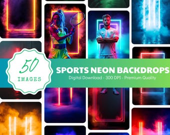 50 Sports Neon Light Backdrops for Baseball, Softball, Football, Hockey, Sport Digital Background with Fog & Glow Light Effects