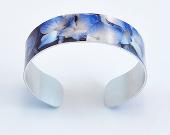 Blue Hydrangea - Aluminum Thin Cuff Bracelet - Photography - Handmade - Unique Gift - Stackable - Band Bracelet - Wearable Art!