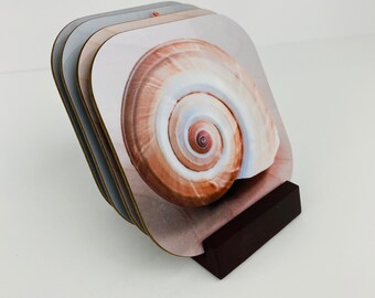 Seashell Art Coasters, Set of Four, Made in Rhode Island, Quahog Photo, Nautilus Shell, Beach House Gifts, Hostess Gift, Sand Dollar Photo