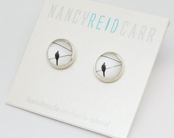 Bird on Wire Post Earrings - Silver Photo Jewelry, Wearable Art