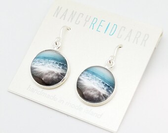 Aqua Seascape Earrings, Sterling Silver, Beach Photography,  Beach Jewelry - Beach Earrings
