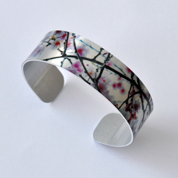 Cherry - Aluminum Thin Cuff Bracelet - Photography - Handmade - Unique Gift - Stackable - Band Bracelet - Wearable Art!