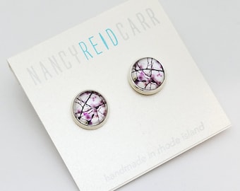 Cherry Blossom Photo Earrings – Handmade Hypoallergenic Surgical Steel Posts