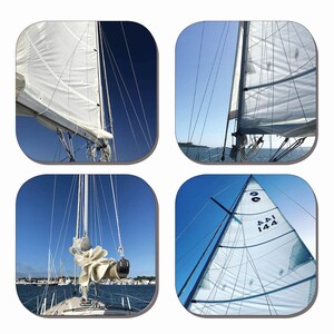 May include: Four-panel image of a sailboat at sea under a clear blue sky. The white sails are billowing in the wind, with rigging and masts visible. One panel shows the boat's bow, while another displays the sail's markings.