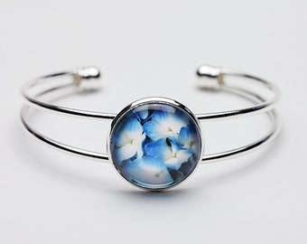 Blue Hydrangea - Bangle Bracelet - Photography - Handmade - Unique Gift - Stackable Cuff -  Wearable Art!
