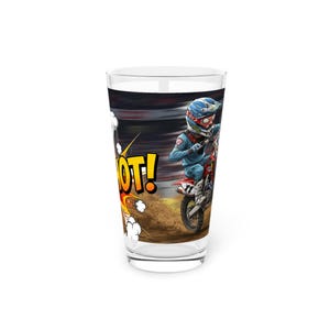 Cool Comic Motocross Pint Glass, Holeshot, Funny Beer Glass, Gifts for Men, Father&#39;s Day Present, Unique Drinking Glass
