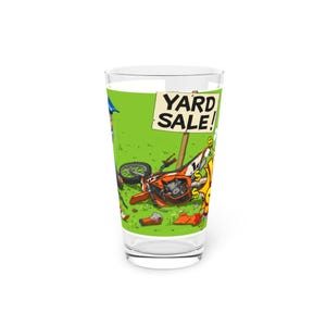 Cool Comic Motocross Pint Glass Yard Sale, Funny Beer Glass, Gifts for Men, Father&#39;s Day Present, Unique Drinking Glass