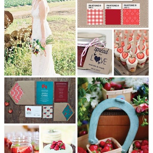 Puede incluir: Un tablero de inspiraci&oacute;n para una boda con tem&aacute;tica r&uacute;stica. El tablero presenta una novia con un vestido blanco, un tarro de mermelada de fresa con una etiqueta que dice "spread the love", una herradura y un pastel decorado con fresas. El tablero tambi&eacute;n incluye un patr&oacute;n de cuadros rojos y blancos, una tela roja s&oacute;lida y un patr&oacute;n geom&eacute;trico rojo y blanco.