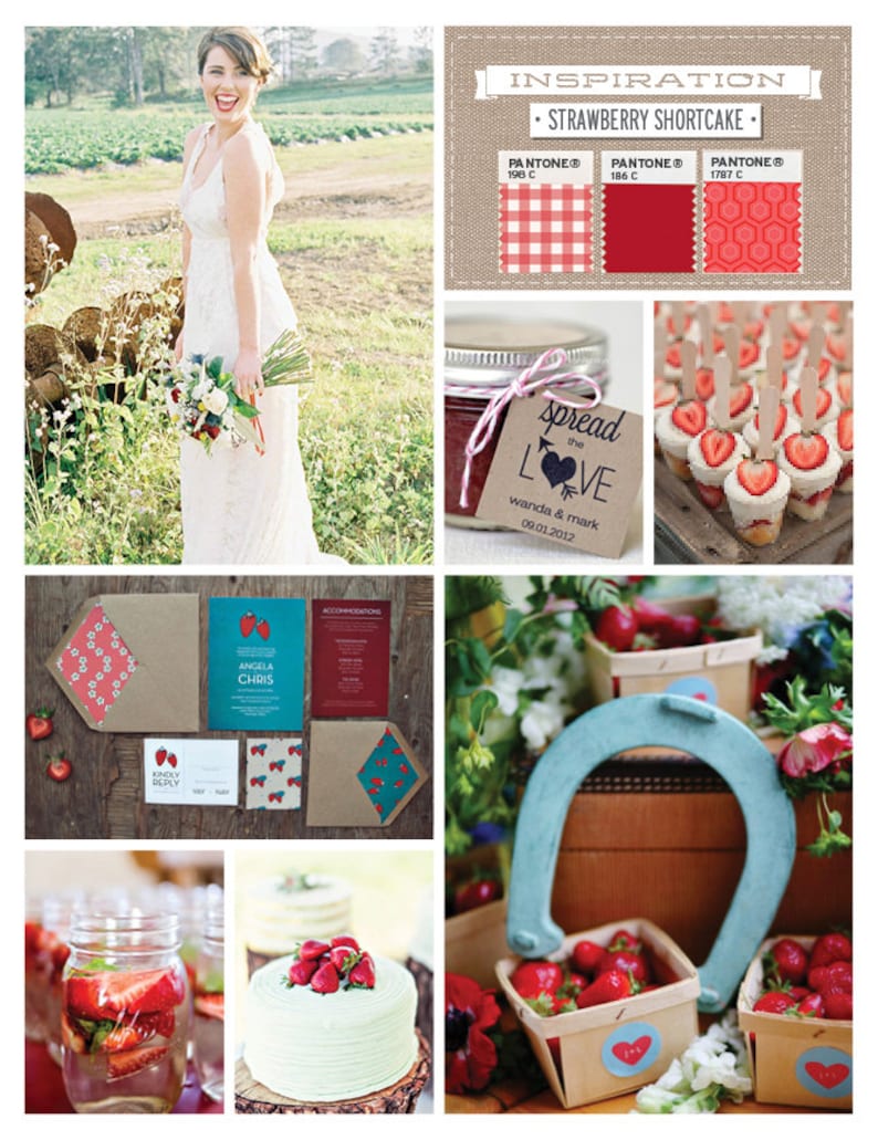 Puede incluir: Un tablero de inspiraci&oacute;n para una boda con tem&aacute;tica r&uacute;stica. El tablero presenta una novia con un vestido blanco, un tarro de mermelada de fresa con una etiqueta que dice "spread the love", una herradura y un pastel decorado con fresas. El tablero tambi&eacute;n incluye un patr&oacute;n de cuadros rojos y blancos, una tela roja s&oacute;lida y un patr&oacute;n geom&eacute;trico rojo y blanco.