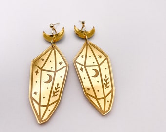 Celestial Crystal Gold Mirror Acrylic Laser Cut Earrings | Boho | Dangle