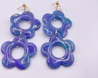 Flower Dangle Earrings | Handmade | Lightweight | Purple and Blue | Clay Earrings