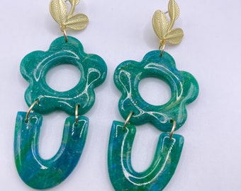 Green Flower Dangle Clay Earrings | Handmade | Lightweight |