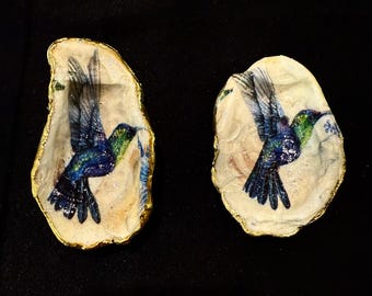Decoupage Oyster Shell - Hummingbirds.