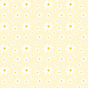 Peut inclure: Motif répété de marguerites blanches avec des centres jaunes sur un fond jaune pâle. Les marguerites varient en taille et sont espacées uniformément sur l'image, créant un design joyeux et estival.