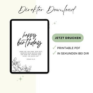 Puede incluir: Impresi&oacute;n digital en una pantalla de tableta con las palabras "happy birthday" en escritura a mano. La imagen incluye el texto "Denn ich, der Herr, dein Gott, ergreife deine rechte Hand und sage dir: f&uuml;rchte dich nicht; ich helfe dir!" y "Jesaja 41,13".