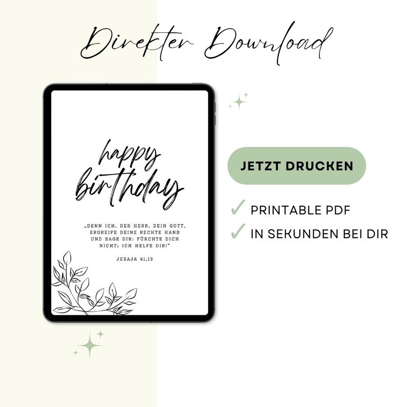 Puede incluir: Impresi&oacute;n digital en una pantalla de tableta con las palabras "happy birthday" en escritura a mano. La imagen incluye el texto "Denn ich, der Herr, dein Gott, ergreife deine rechte Hand und sage dir: f&uuml;rchte dich nicht; ich helfe dir!" y "Jesaja 41,13".