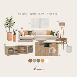 Salón Mediterráneo Moderno | Moodboard de Diseño de Interiores | Selección de Muebles + Lista de Compras | Descarga Instantánea de E-Design